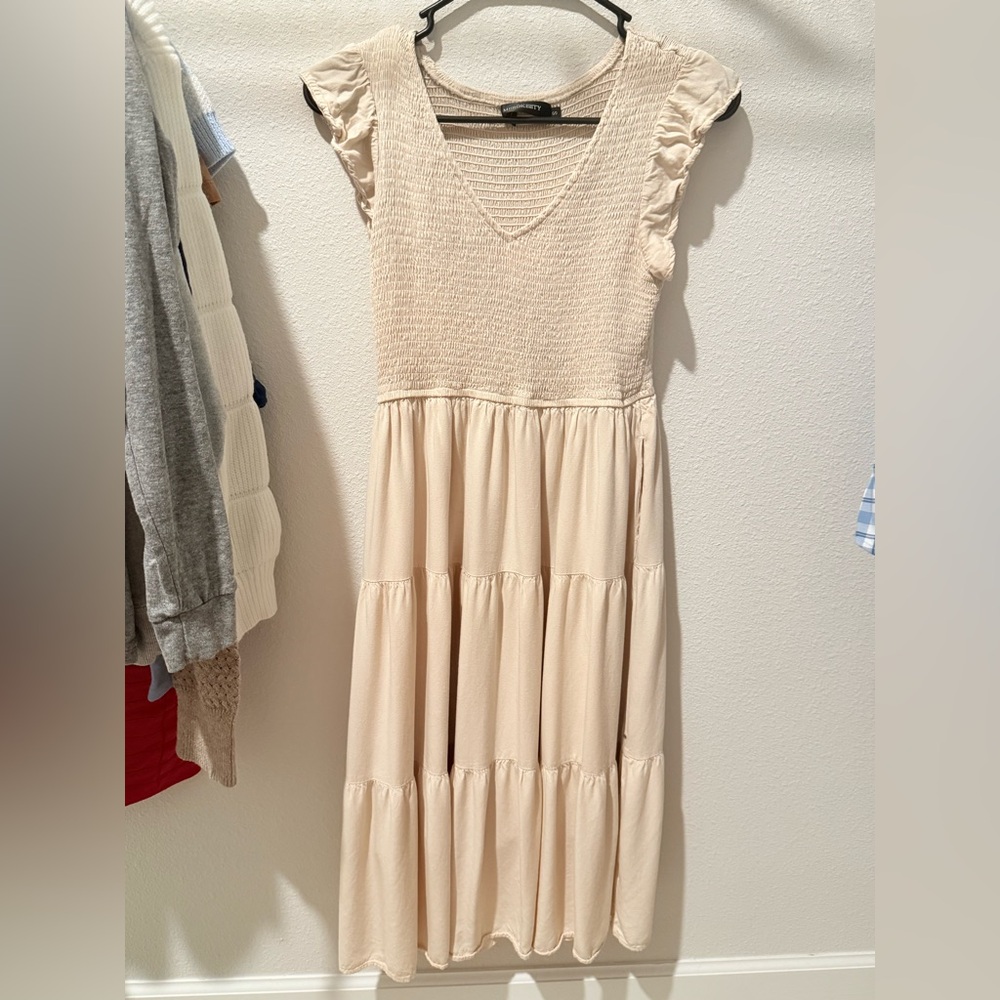 Cream Smocked Tiered Midi dress